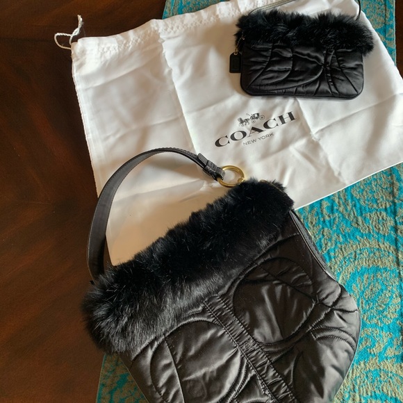 Coach Bags Coach Black Satin And Fur Bag W Matching Wristlet Poshmark